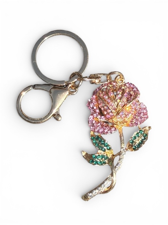Skymallboutique Accessories - NWT Pink Crystal Rose Keyring with Green Accent Leaves Rhinestone